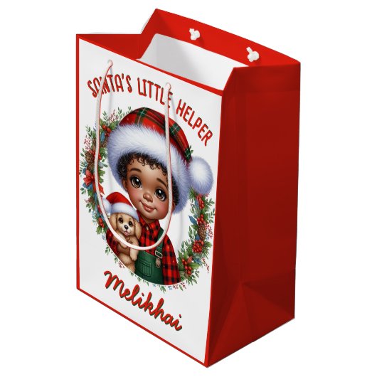 子犬のクリスマスと可愛いアフリカ系アメリカ人の少年 ミディアムペーパーバッグ (裏面アングル)
