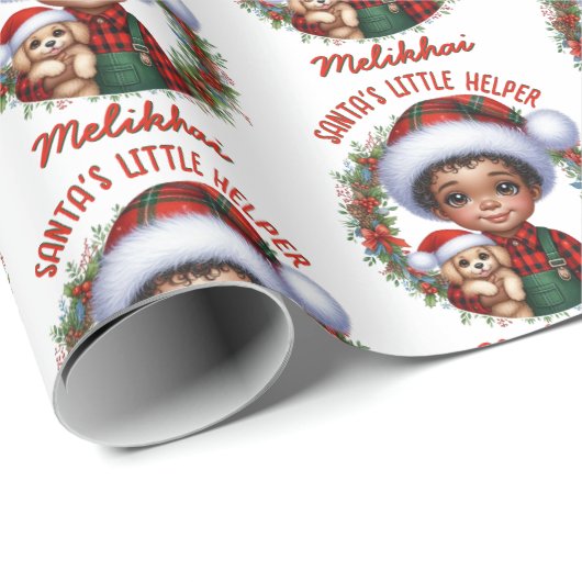 子犬のクリスマスと可愛いアフリカ系アメリカ人の少年 ラッピングペーパー (ロールコーナー)