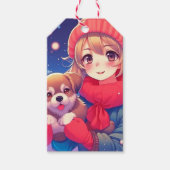 子犬のクリスマスを持つアニメガール ギフトタグ (正面)
