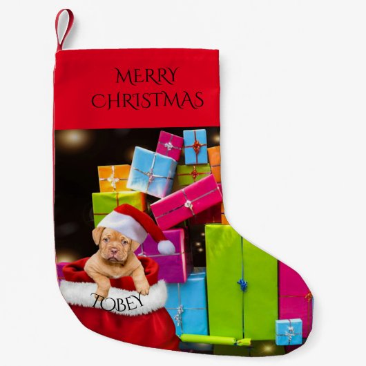 子犬のクリスマスストッキングと名前をカスタムする。 スモールクリスマスストッキング (正面)