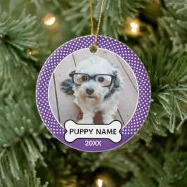 子犬のクリスマスフォトポルカドットパープル セラミックオーナメント