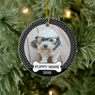 子犬のクリスマスフォトポルカドット ブラック セラミックオーナメント