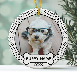 子犬のクリスマスフォトポルカドット ブラック ホワイト セラミックオーナメント