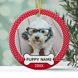 子犬のクリスマスフォトポルカドット 赤 白 セラミックオーナメント