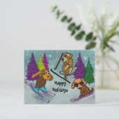 子犬のスキー休暇の幸せな休日 シーズンポストカード (スタンド正面)