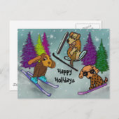 子犬のスキー休暇の幸せな休日 シーズンポストカード (正面/裏面)