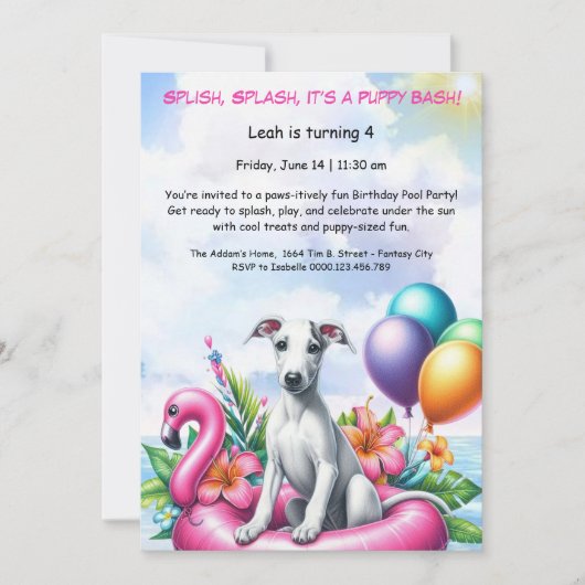 子犬のスプラッシュ誕生日プールパーティーの招待状 招待状 (正面)