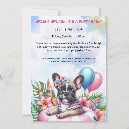 子犬のスプラッシュ誕生日プールパーティーの招待状 招待状 (正面)