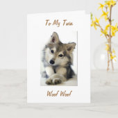 子犬のハスキーを双子の誕生日に カード (黄色い花)