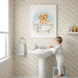 子犬のバスルーム遊び 子供のバスルームの壁画 ポスター