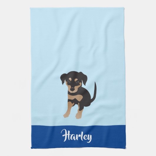 子犬のパーソナル化可能な犬の名前（青） キッチンタオル (縦)