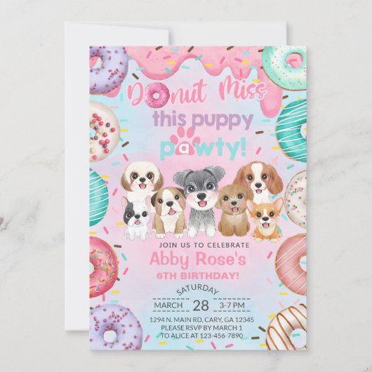 子犬のパーティーとドーナツの女の子の誕生日招待状 招待状 (正面)