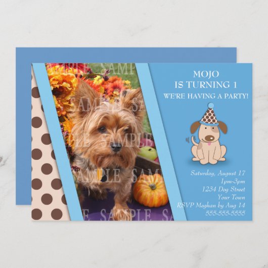 子犬のパーティーの写真テンプレート 招待状 (正面/裏面)