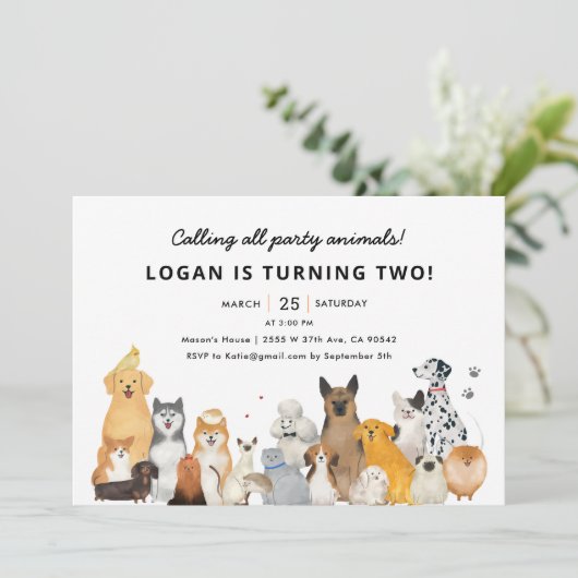 子犬のパーティー動物誕生会の招待 招待状 (スタンド正面)