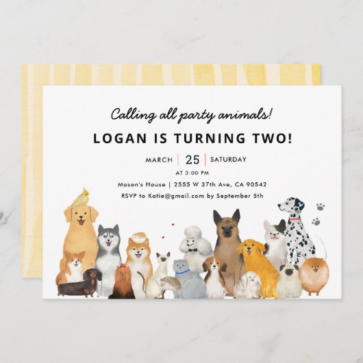 子犬のパーティー動物誕生会の招待 招待状 (正面/裏面)