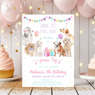 子犬のピンクガールパーティー誕生日 招待状