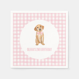 子犬のプリっぷりピンクのチェックの誕生日 スタンダードカクテルナプキン