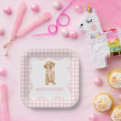 子犬のプリっぷりピンクのチェックの誕生日 ペーパープレート (パーティー)