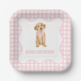 子犬のプリっぷりピンクのチェックの誕生日 ペーパープレート