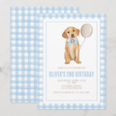 子犬のプレッピーなチェック柄の誕生日 招待状 (正面/裏面)