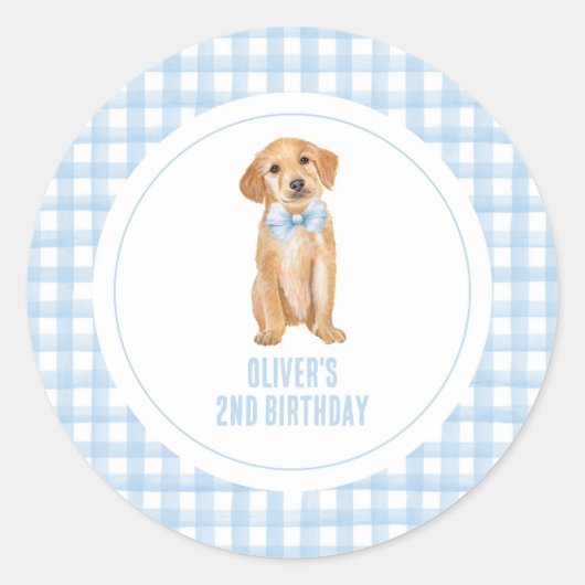 子犬のプレッピー・ペブル柄の誕生日 ラウンドシール (正面)