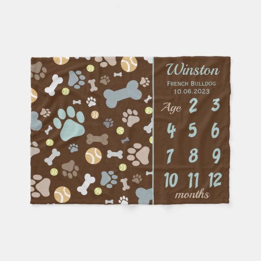 子犬のポープリントマイルストーンキープザーブケット フリースブランケット (正面(横))