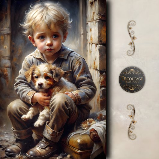 子犬のヴィンテージデコペ素朴ージを持つ少年 薄葉紙