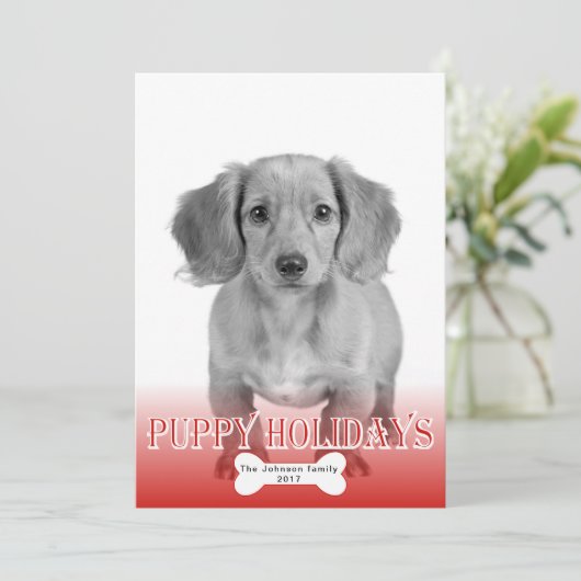 子犬の休日の骨の赤いペットのクリスマスフォト シーズンカード (スタンド正面)