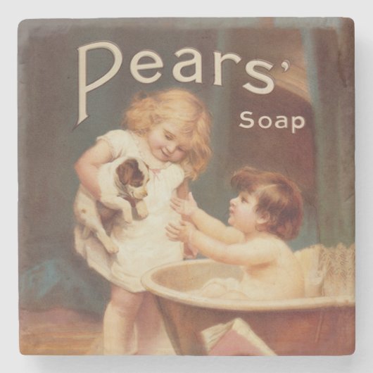 子犬の入浴 ヴィンテージ アンティーク ストーンコースター (正面)