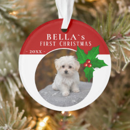 子犬の初のクリスマス セイヨウヒイラギの実のドッグペットフォト オーナメント