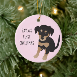 子犬の初めてのクリスマスかわいい犬の黒と茶色 セラミックオーナメント