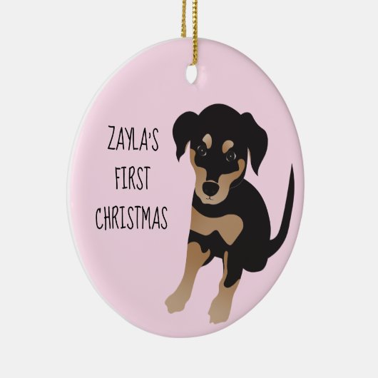 子犬の初めてのクリスマスかわいい犬の黒と茶色 セラミックオーナメント (右)