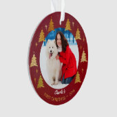 子犬の初めてのクリスマスが赤い写真の木を愛 オーナメント (正面)