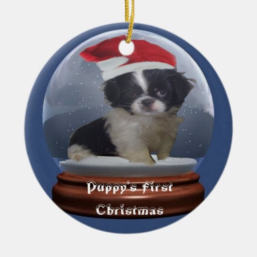 子犬の初めてのクリスマスのオーナメント セラミックオーナメント (正面)