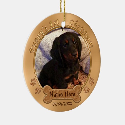子犬の初めてのクリスマスはあなたの写真、文字を飾ります セラミックオーナメント (右)