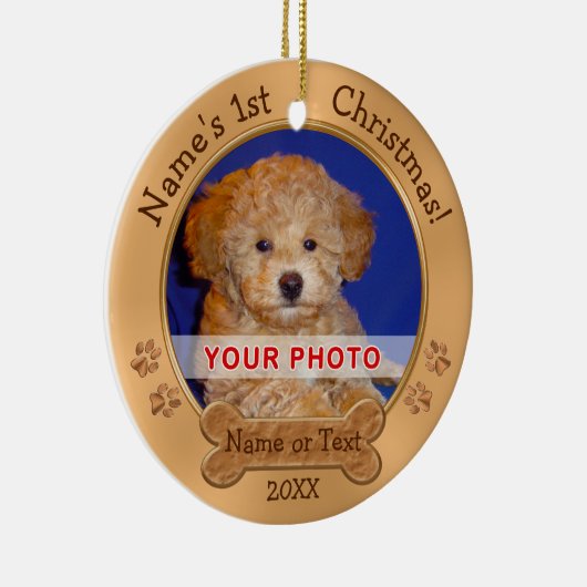 子犬の初めてのクリスマスは2つの写真、文字を飾ります セラミックオーナメント (右)