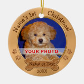 子犬の初めてのクリスマスは2つの写真、文字を飾ります セラミックオーナメント (正面)