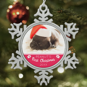 子犬の初めてのクリスマスカスタム写真Dog name Year スノーフレークピューターオーナメント