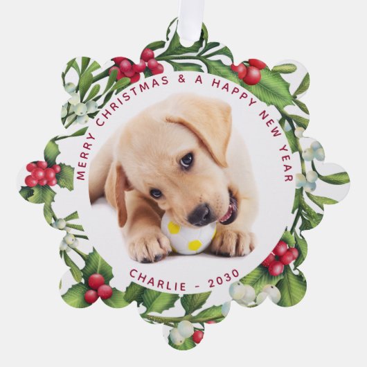子犬の初めてのクリスマスカスタム2 Photo Mistletoe オーナメントカード (正面)