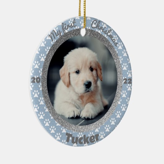 子犬の初めてのクリスマスフォトブルーポープリント セラミックオーナメント (右)