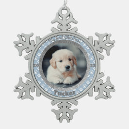 子犬の初めてのクリスマスフォト ブルー足跡 スノーフレークピューターオーナメント