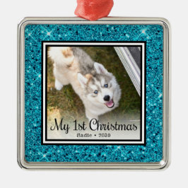 子犬の初めてのクリスマスフォト メタルオーナメント
