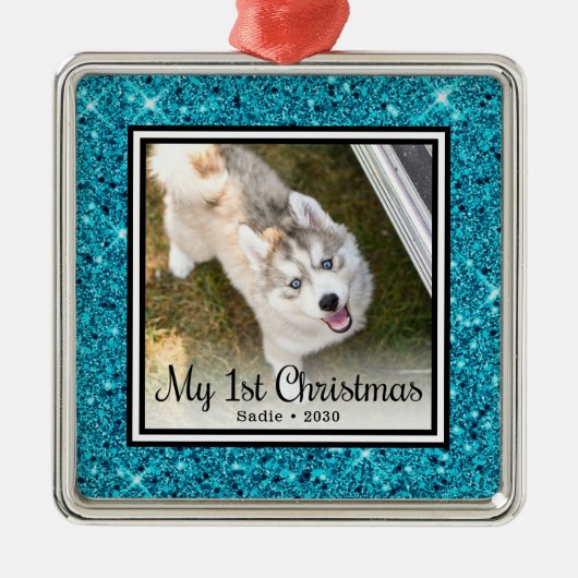 子犬の初めてのクリスマスフォト メタルオーナメント (正面)
