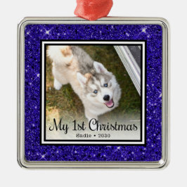 子犬の初めてのクリスマスフォト メタルオーナメント