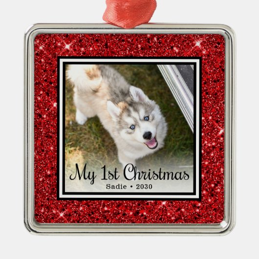子犬の初めてのクリスマスフォト メタルオーナメント (正面)