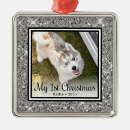 子犬の初めてのクリスマスフォト メタルオーナメント