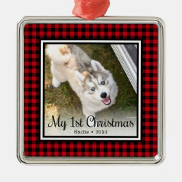 子犬の初めてのクリスマスフォト メタルオーナメント