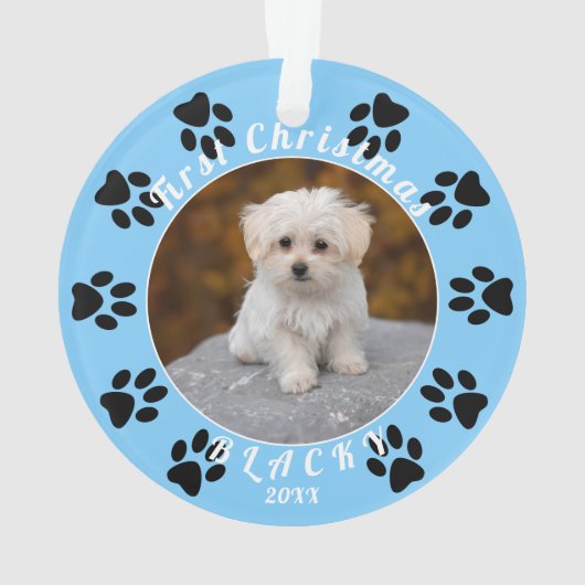 子犬の初めてのクリスマスブルーポードッグ写真 オーナメント (裏面)
