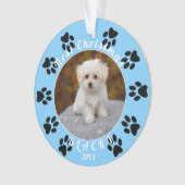 子犬の初めてのクリスマスブルーポードッグ写真 オーナメント (正面)
