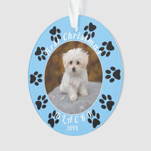 子犬の初めてのクリスマスブルーポードッグ写真 オーナメント (正面)